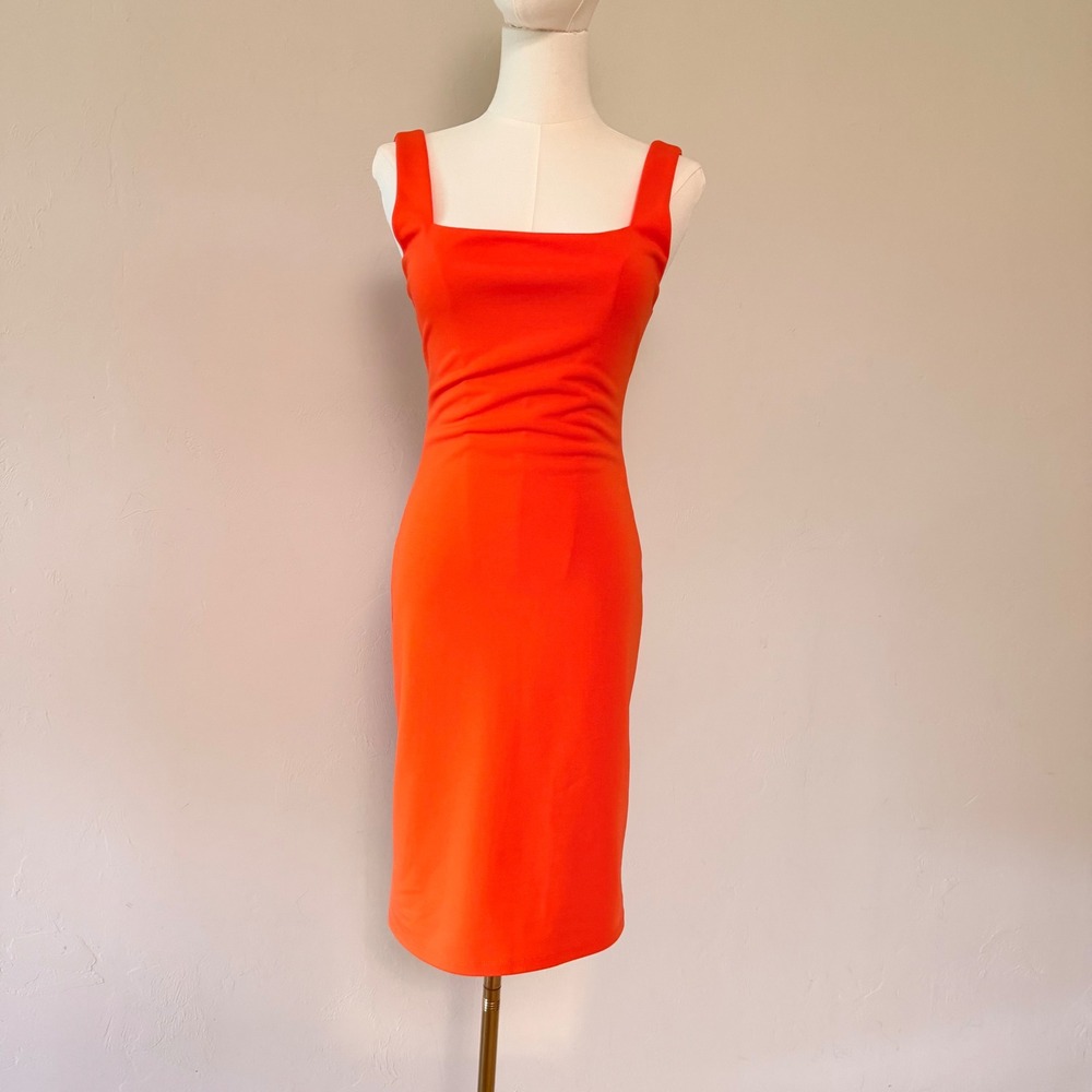 Alice + Olivia Womens Neon Orange Square Neck Ruched Bodycon Sheath Midi Dress 2